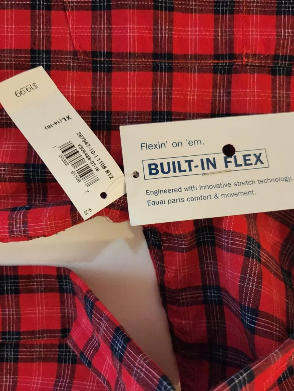 Old Navy Built in Flex Red and Black Plaid Shirt XL 14-16
